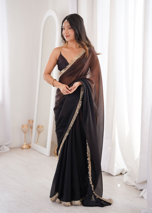 Black Fendi Satin Lace Work Saree