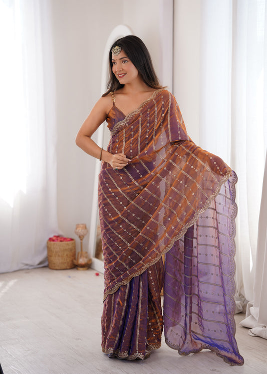 Purple Fendi Satin Sequence Embroidery Saree