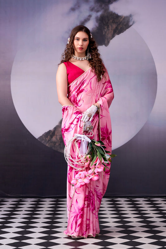 Pink Digital Print Satin Silk Saree