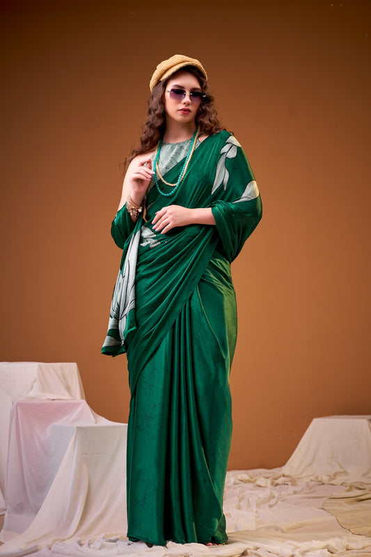 Green Digital Print Satin Silk Saree