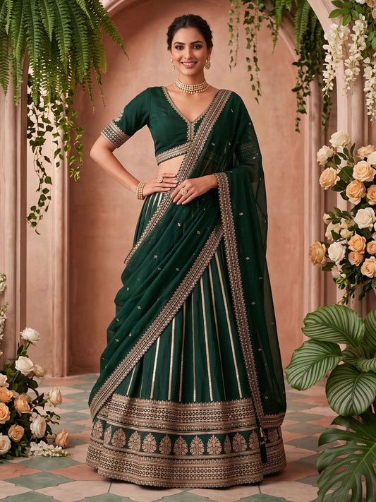Dark Green Premium Silk Thered Work Lehenga Choli