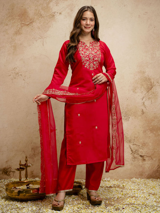 Red Designer Chanderi Cottan Partywear Kurta Set