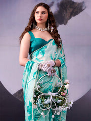 Sky Green Digital Print Satin Silk Saree