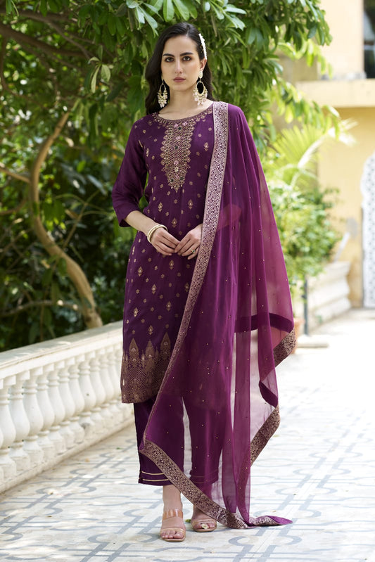 Ethnic Motifs Woven Design Zari Straight Kurta With Trousers & Dupatta