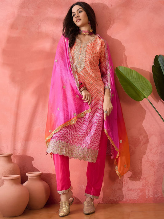 Orange and Rani Chinon Salwar Suit