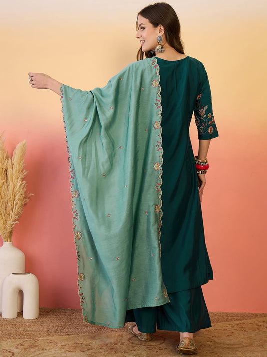 Embroidered Art Silk A Line Suit in Teal Green