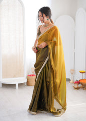 Green and Yellow Shaded Satin Lace Work Saree