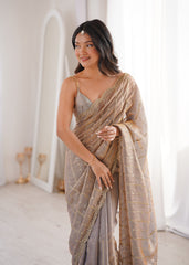 Silver Grey Fendi Satin Sequence Embroidery Saree