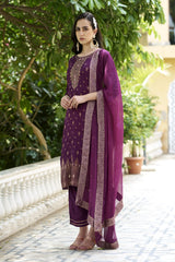 Ethnic Motifs Woven Design Zari Straight Kurta With Trousers & Dupatta