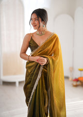 Green and Yellow Shaded Satin Lace Work Saree
