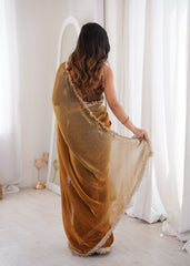 Gold Fendi Satin Lace Work Saree
