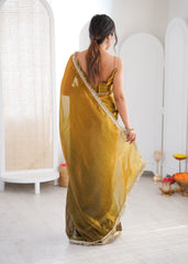Green and Yellow Shaded Satin Lace Work Saree
