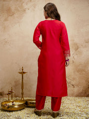Red Designer Chanderi Cottan Partywear Kurta Set