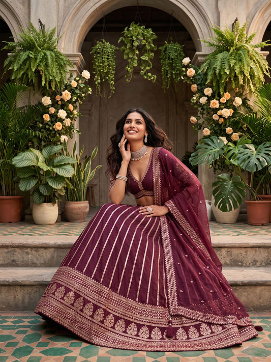 Dark Maroon  Premium Silk Thered Work Lehenga Choli