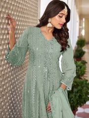 Sea Green Georgette High Slit Style Suit With Cudidar Pant
