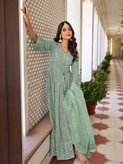 Sea Green Georgette High Slit Style Suit With Cudidar Pant