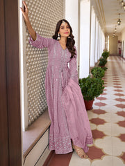 Pink Georgette High Slit Style Suit With Cudidar Pant