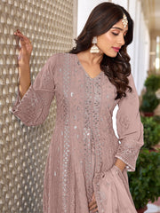 Peach Georgette High Slit Style Suit With Cudidar Pant