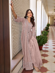 Peach Georgette High Slit Style Suit With Cudidar Pant