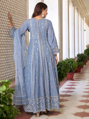 Sky Blue Georgette High Slit Style Suit With Cudidar Pant