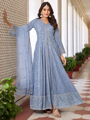 Sky Blue Georgette High Slit Style Suit With Cudidar Pant