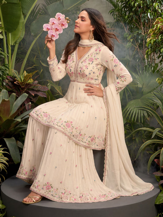 Cream Chinon Embroidered Sharara Suit