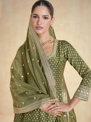 Green Pure Organza Jacquard Silk Festive Anarkali Gown