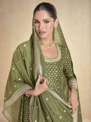 Green Pure Organza Jacquard Silk Festive Anarkali Gown