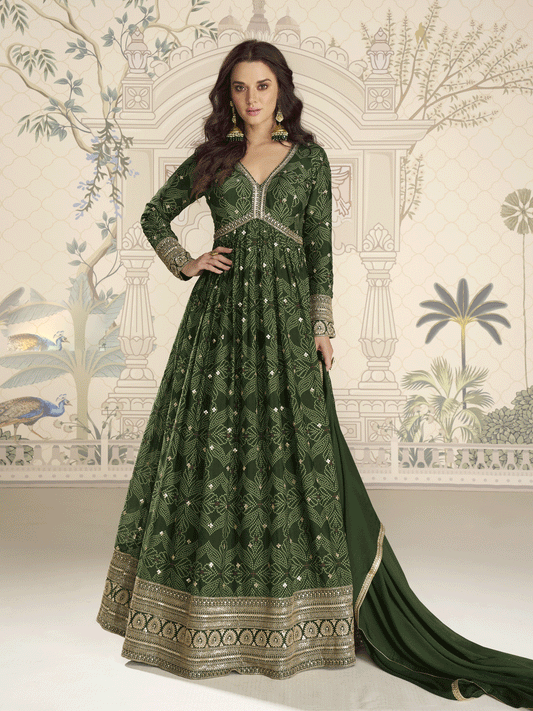 Wedding Festive Digital Printed Green Anarkali Gown