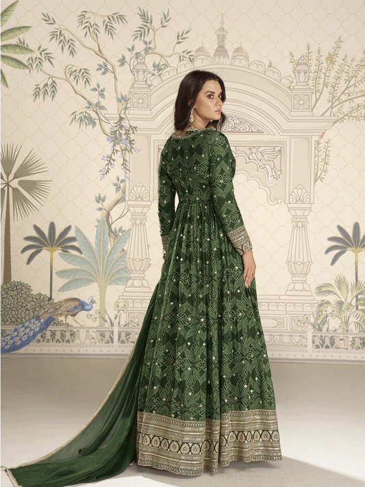 Wedding Festive Digital Printed Green Anarkali Gown