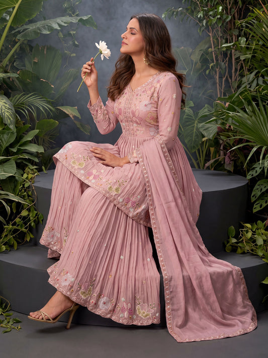 Firozi Chinon Embroidered Sharara Suit