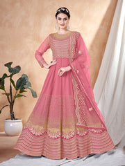 Pink Net Partywear Anarkali-Suit