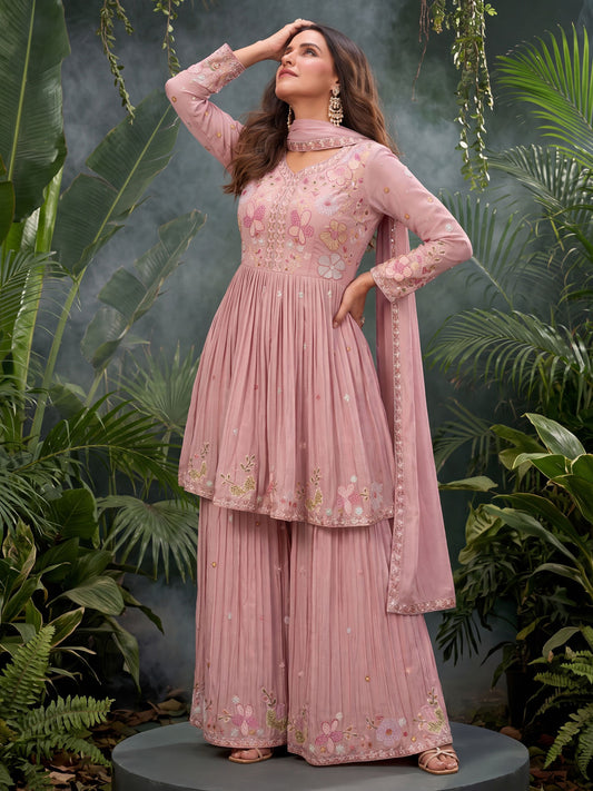 Firozi Chinon Embroidered Sharara Suit