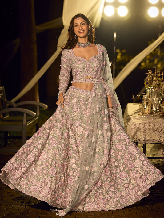 Mint and Pink Net Reception Wear Lehenga Choli