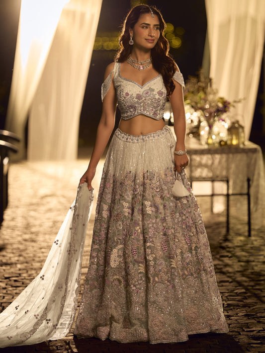 Sage Green Net Reception Wear Lehenga Choli