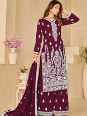Wine Embroidered Partywear Palazzo-Suit