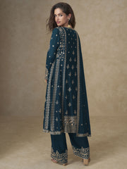 Blue Palazzo Chinnon Silk Embroidered Festive Suit