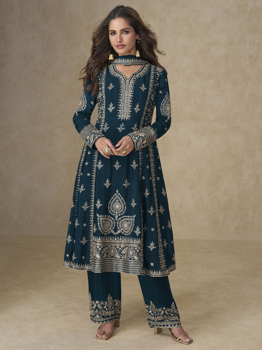 Blue Palazzo Chinnon Silk Embroidered Festive Suit