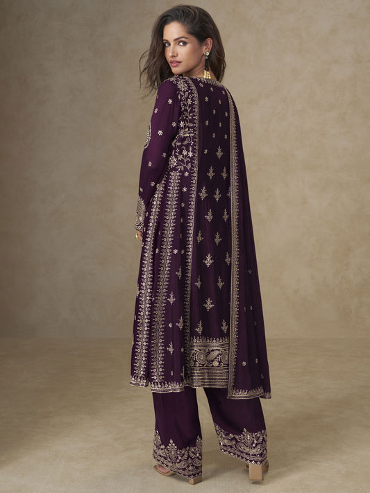 Purple Palazzo Chinnon Silk Embroidered Festive Suit