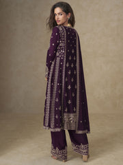 Purple Palazzo Chinnon Silk Embroidered Festive Suit