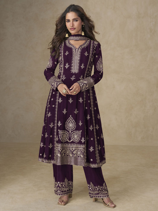 Purple Palazzo Chinnon Silk Embroidered Festive Suit