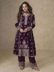 Purple Palazzo Chinnon Silk Embroidered Festive Suit