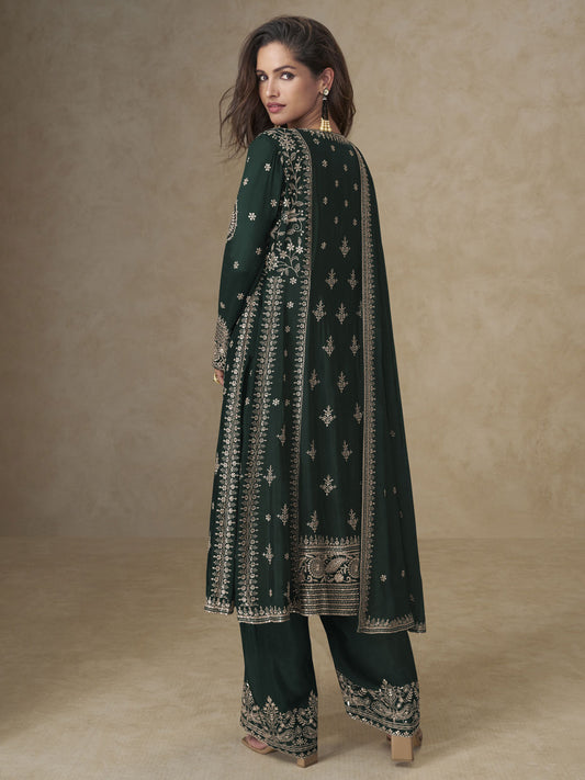 Green Palazzo Chinnon Silk Embroidered Festive Suit