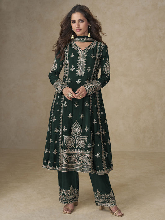 Green Palazzo Chinnon Silk Embroidered Festive Suit