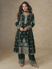 Green Palazzo Chinnon Silk Embroidered Festive Suit