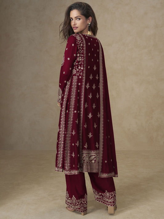 Maroon Palazzo Chinnon Silk Embroidered Festive Suit