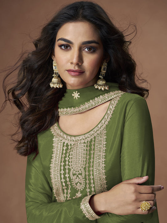 Green Chinon Embroiderd Salwar Suit