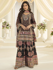 Black Silk Salwar Suit With Print and Aari Work