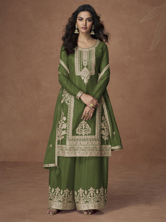 Green Chinon Embroiderd Salwar Suit