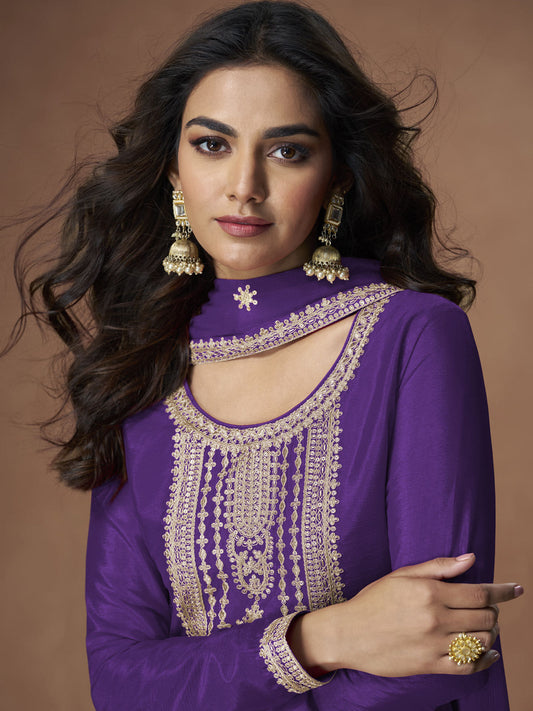 Purple Chinon Embroiderd Salwar Suit